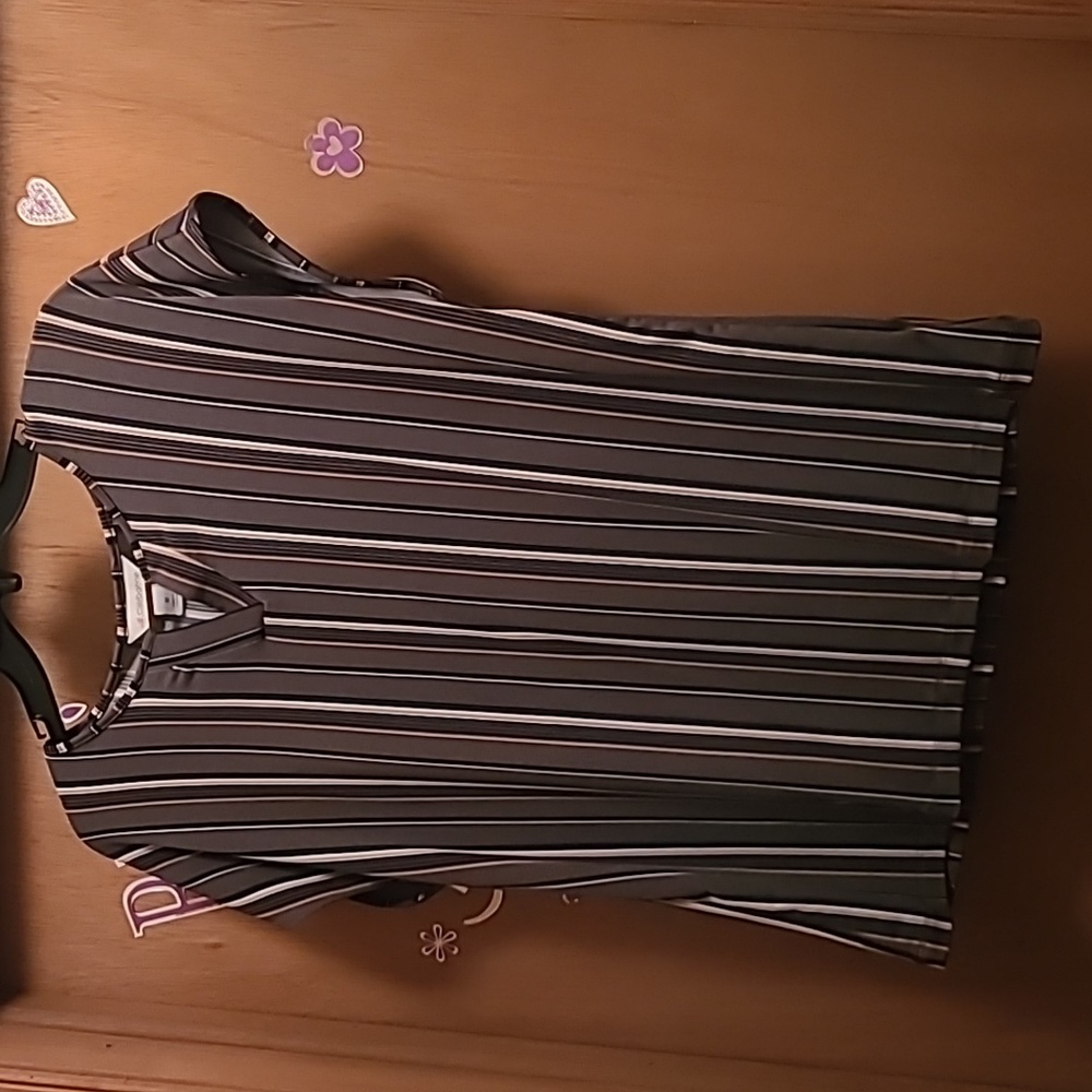 Liz Claiborne size small women's blouse green with black, tan, and white stripes